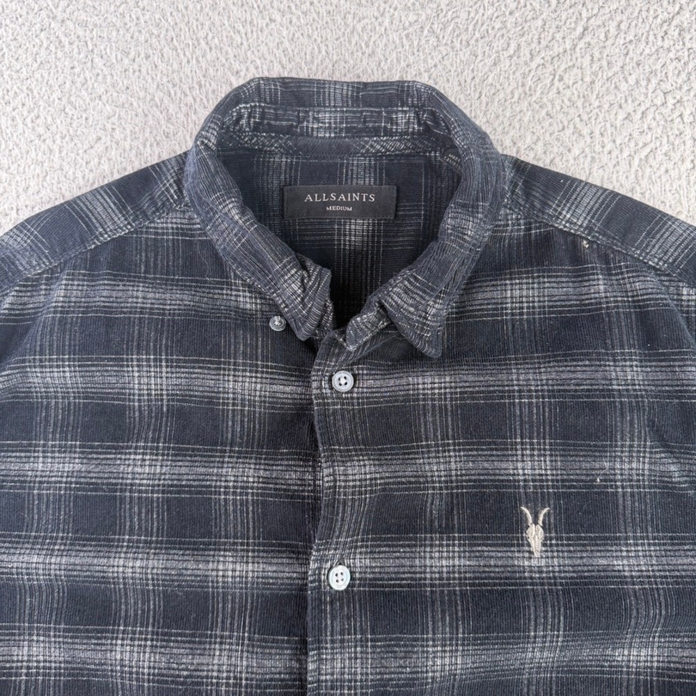 AllSaints Button Down Shirt Men Medium Black Gray Plaid Corduroy Ramskull Logo